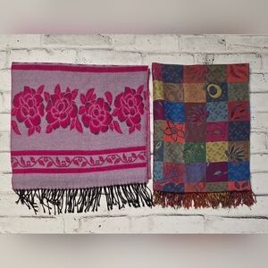 Set of 2 Vintage Fringed Scarves – Floral Pink & Multicolor Patchwork France